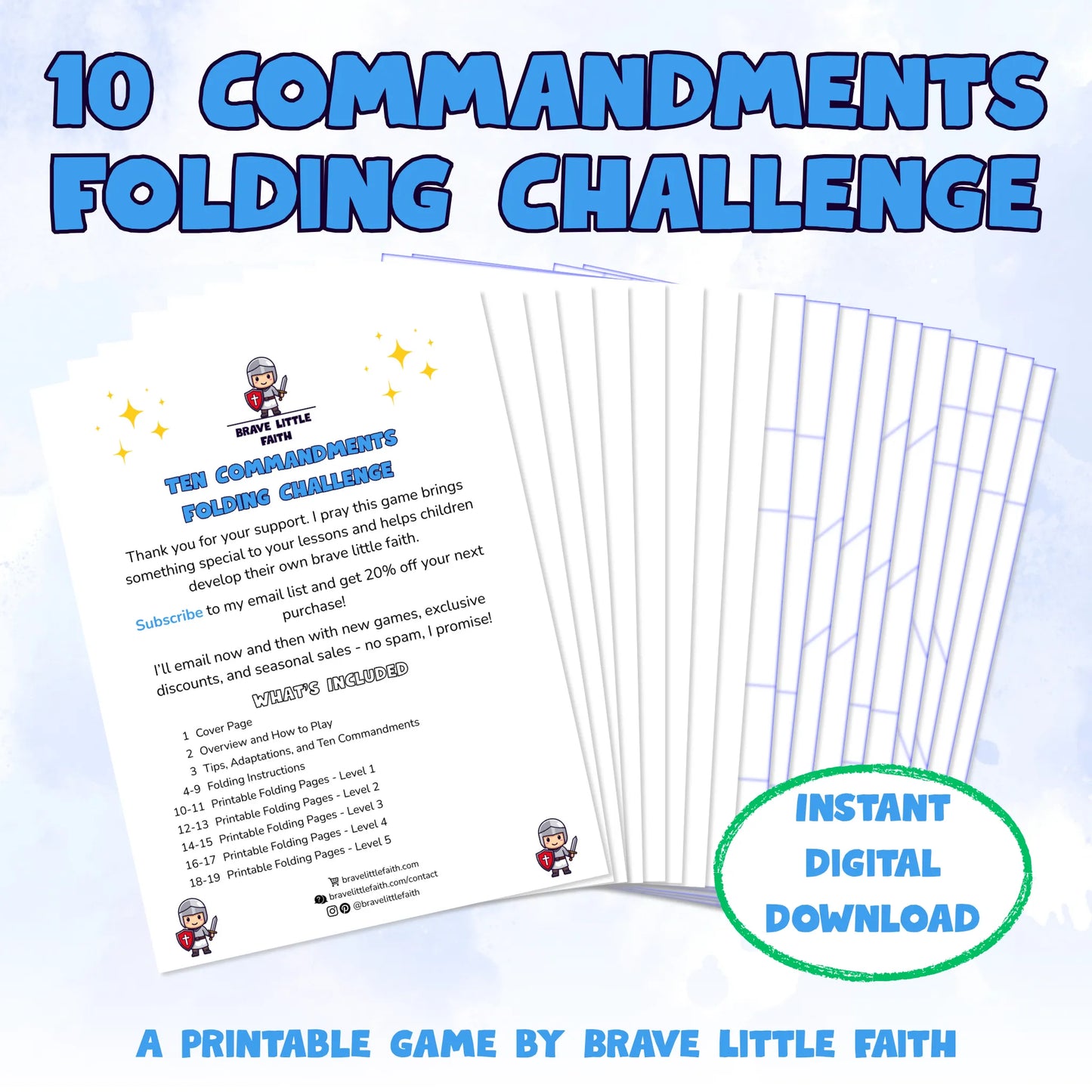 Game title followed by all 19 pages fanned out, including a cover page with contents showing there are 2 instructional pages and 16 printable pages. Instant digital download. A printable game by Brave Little Faith.