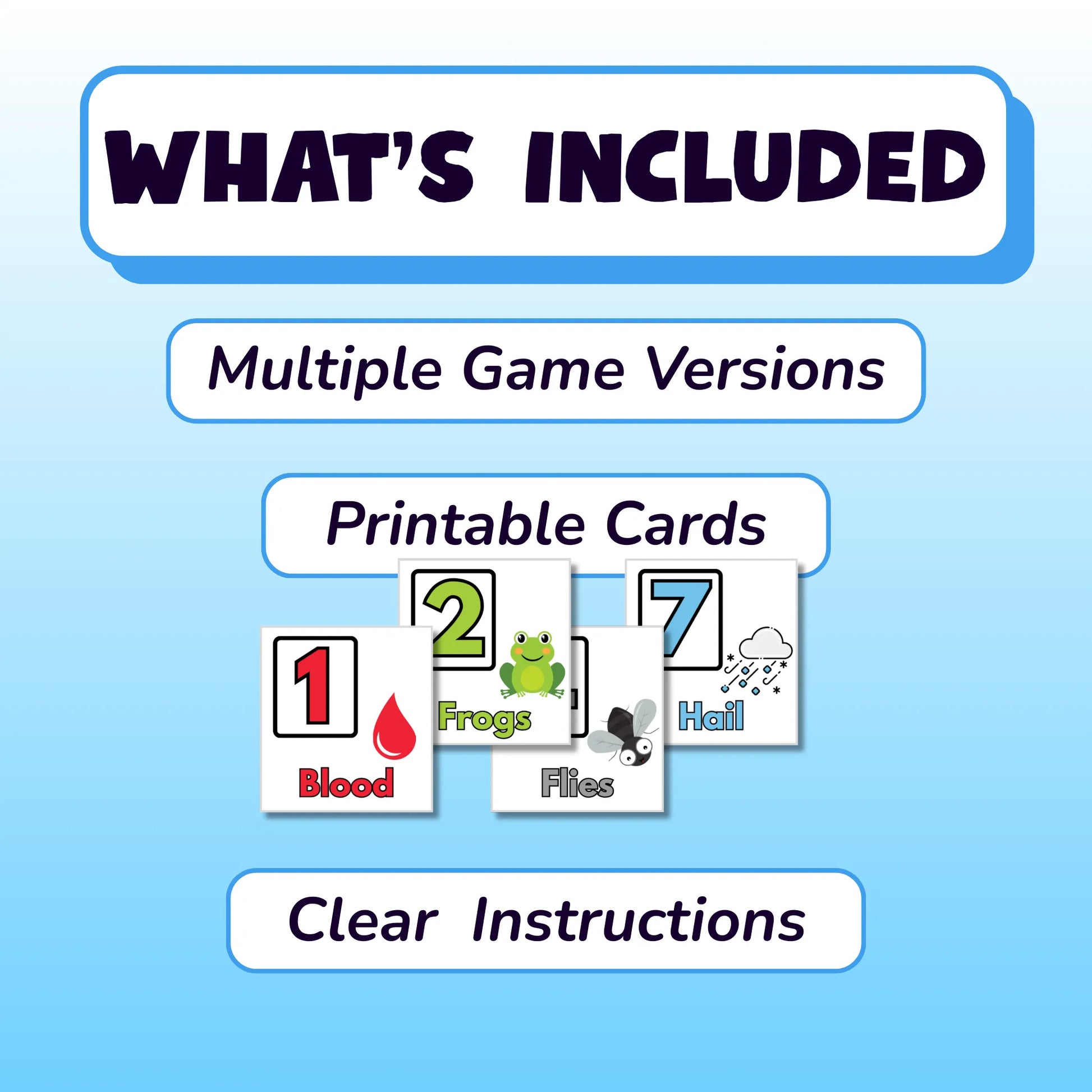 What's included: multiple game versions, printable cards, and clear instructions. Some cards are shown, one having the number 2, a cartoon frog, and the word 'Frogs'. Another card has the number 1, a red drop of liquid, and the word 'Blood'.