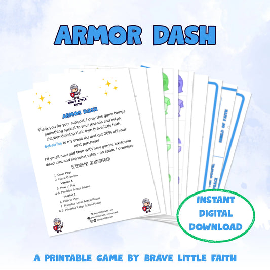 Game title followed by all 9 pages fanned out, including a cover page with contents showing there are 3 instructional pages and 5 printable pages. Instant digital download. A printable game by Brave Little Faith.