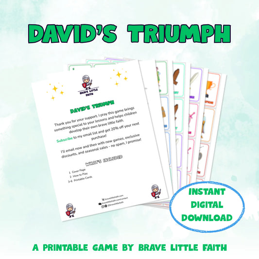 Game title followed by all 6 pages fanned out, including a cover page with contents showing there is 1 instructional page and 4 printable pages. Instant digital download. A printable game by Brave Little Faith.
