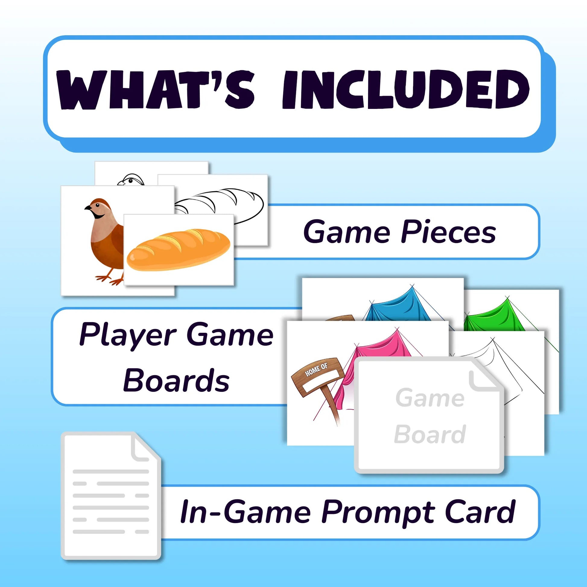 What's included: printable game pieces with images of bread and quail, in both colored and line only versions, player game boards with images of tents in various colors with ownership sign posts, and an in-game prompt card.