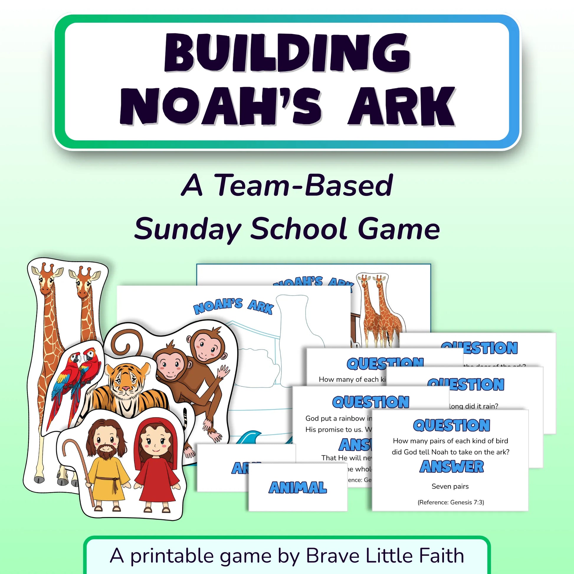 Game title, 'Building Noah's Ark'. A team-based Sunday School game. Several visual printable elements are shown, including illustrated animal pairs, Noah and his wife, game boards, and question and answer cards. An example of a question can be seen, asking how many of each kind of Bird God told Noah to take on the Ark. A printable game by Brave Little Faith.