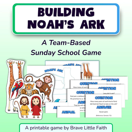 Game title, 'Building Noah's Ark'. A team-based Sunday School game. Several visual printable elements are shown, including illustrated animal pairs, Noah and his wife, game boards, and question and answer cards. An example of a question can be seen, asking how many of each kind of Bird God told Noah to take on the Ark. A printable game by Brave Little Faith.