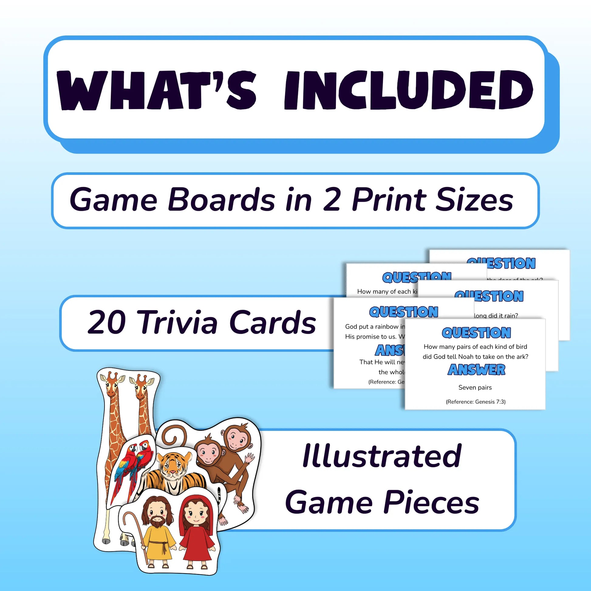 What's Included: game boards in 2 sizes, 20 trivia cards, and illustrated game pieces.