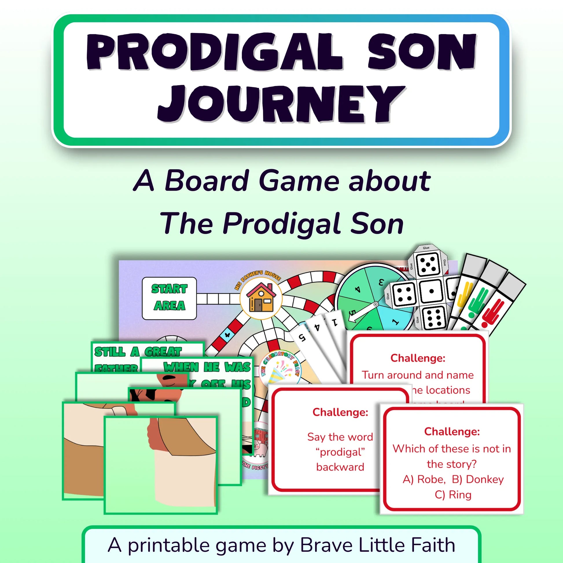 Game title, 'Prodigal Son Journey'. A board game about the Prodigal Son. Several visual printable elements are shown, including: a game board with story relevant locations and spaces with different colors, multiple pieces of a 6 pieces puzzle, 3 challenge cards, and printable number pickers and player counters. An example of the challenge cards seen: one asks to say the word 'prodigal' backwards, the other asks a multiple choice question about the story. A printable game by Brave Little Faith.