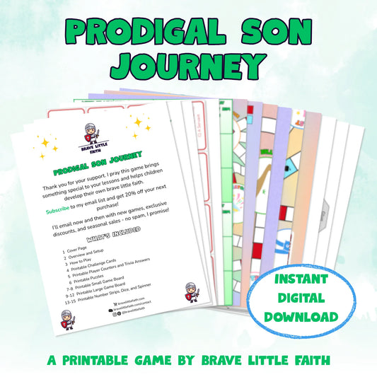 Game title followed by all 15 pages fanned out, including a cover page with contents showing there are 2 instructional pages and 12 printable pages. Instant digital download. A printable game by Brave Little Faith.