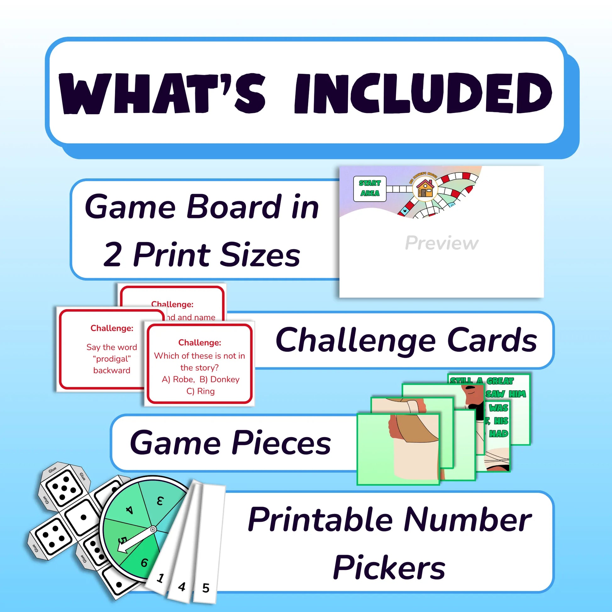 What's included: game board in 2 print sizes with a preview shown, challenge cards, one asking to say the word 'prodigal' backwards, the other asking a question about the story, game pieces, and printable number pickers. A small preview of a printable dice, number spinner and number picking strips are shown.