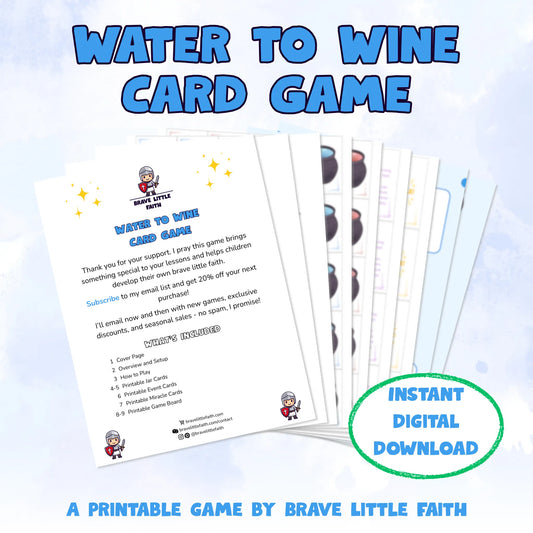 Game title followed by all 9 pages fanned out, including a cover page with contents showing there are 2 instructional pages and 6 printable pages. Instant digital download. A printable game by Brave Little Faith.