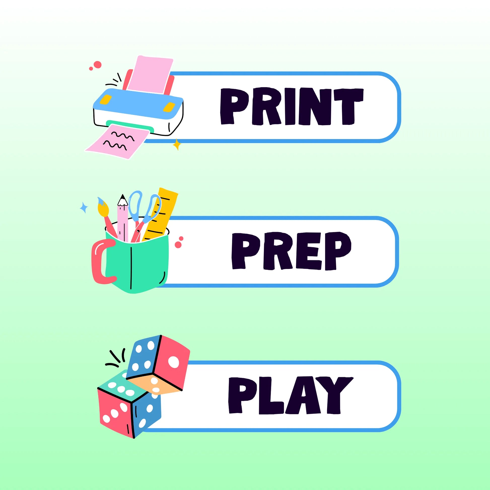 Printer, stationery pot and dice with the words print, prep, play.